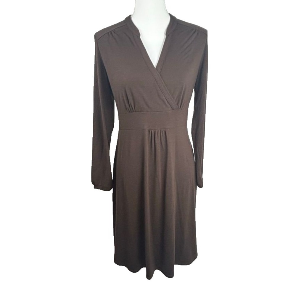 Eddie Bauer Wrap Dress Brown Long Sleeve Womens‎ M Soft Stretch Elegant Casual